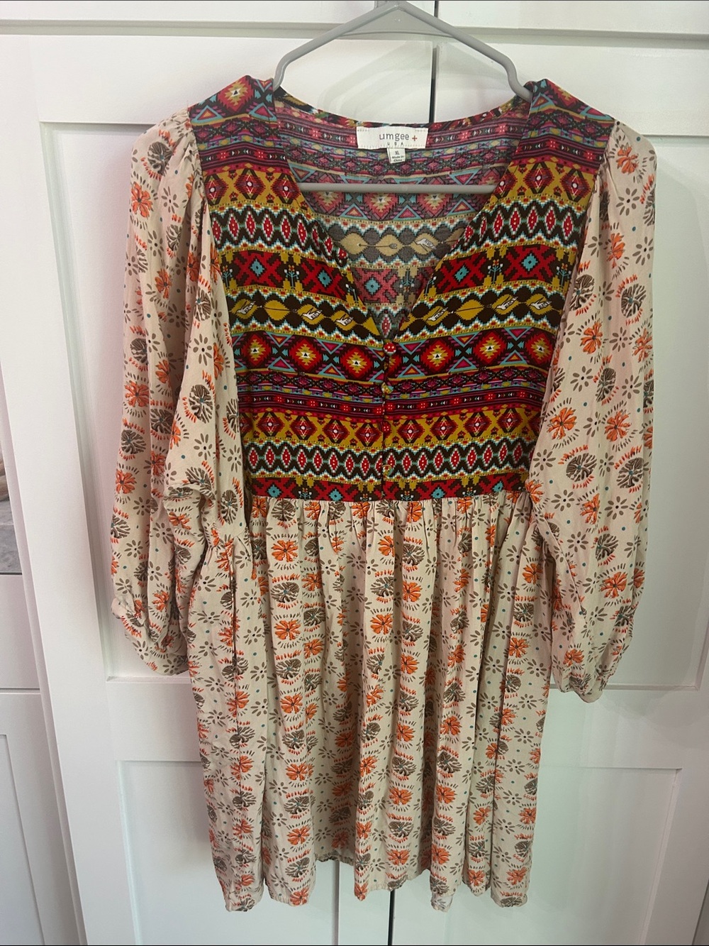 Umgee Beige Boho Midi Dress with Multicolor Embroidered Yoke